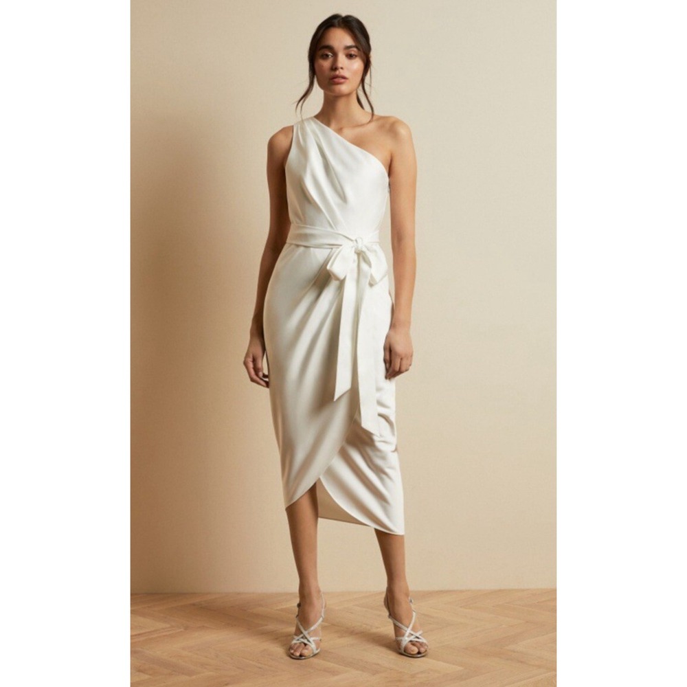 Ted‎ Baker Gabie One Shoulder Drape Wrap Midi Dress w/Belt Ivory White Womens 4